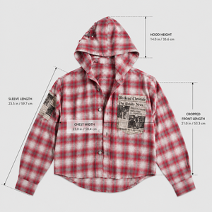 Chemise à carreaux à capuche pour homme en flanelle de coton, coupe courte, avec patch imprimé journal, collection limitée, style décontracté pour l'automne - Product Image 2