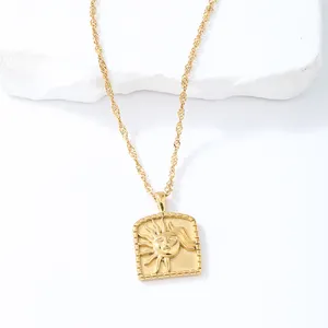 Ruigang Custom Wholesale Design Engraved Jewelry Necklace 18k Gold Statement Abstract Sun Square Charm Pendant Necklace Women