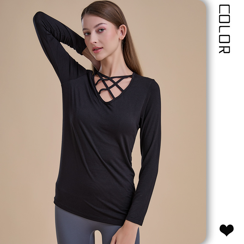 Cross-border Cross-neckline Stretch Spandex/Cotton Sweat-Wicking Yoga Suit Running Inner/Outer Wearing Slimming Long Sleeve Top