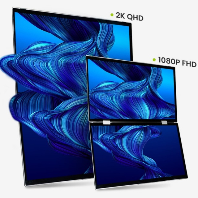 14'' 15.6'' 2K QKD Dual Views Laptop External Monitor with 360 Dgrees Foldable Design for Editor, Equity Analyst