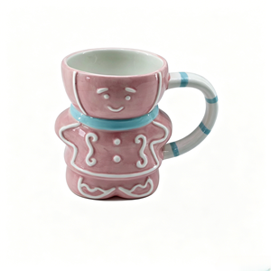 Tasses en céramique de Noël en gros, motif bonhomme de pain d'épices rose, avec poignée rayée en relief, tasses à boisson festives fantaisie en gros - Product Image 1