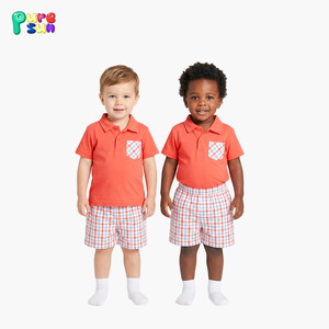 Conjunto de Roupas para Crianças Puresun em Tecido Macio com Gola Polo, Estampa Xadrez, Roupas para Meninos de Manga Curta Personalizadas em Algodão - Product Image 1