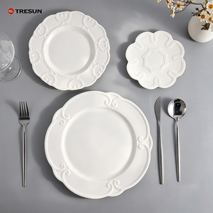dishwasher safe classic high-end luxury white embossed wedding new <b>bone</b> <b>china</b> fine porcelain dessert side <b>dinner</b> plate <b>set</b> - Product Image 1
