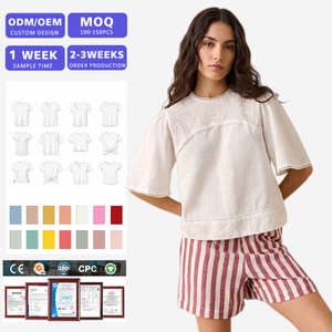 Blusa de Manga Corta Bordada con Logotipo Personalizado para Mujer, Top Informal de Algodón para Verano, Fabricante Mayorista OEM ODM - Product Image 1