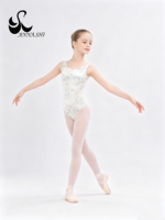 Maillot de Ballet de Terciopelo Floral Blanco y Azul para Niñas Anna Shi, sin Mangas, para Gimnasia, Danza y Clases de Baile