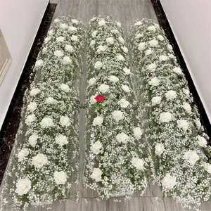 QSLH-Ti554 Baby Breath Flower Runner White Flower Arch Gypsophila Floral Row Table Runner Wedding Centerpieces Long Aisle Flower
