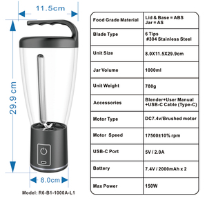 เครื่องคั้นน้ำส้มแบบพกพาความจุ1000มล. เครื่องคั้นน้ำผักแบบชาร์จไฟได้ด้วย USB มีใบมีด6ใบสำหรับใช้ในยิมและตั้งแคมป์ที่บ้าน - Product Image 4
