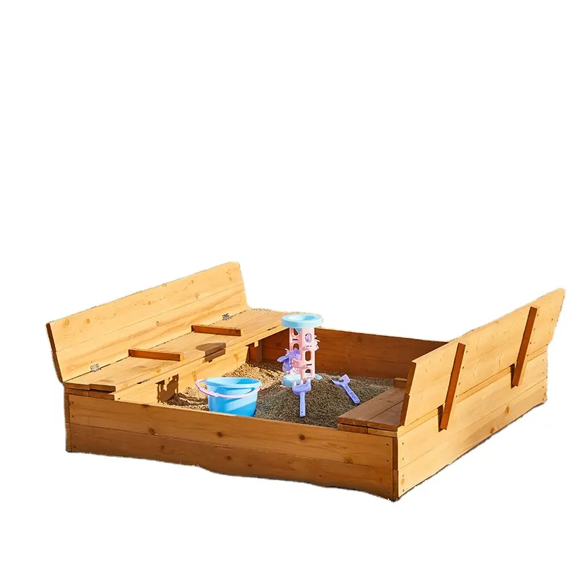 Wooden Sandbox with Built-in Bench Seats and Cover - Heavy Duty Outdoor Play Equipment