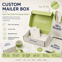 Boîte d'expédition personnalisée FSC avec impression complète, bande de déchirement facile, insert de livraison de marque pour produits de beauté et soins de la peau, idéale pour l'unboxing en boutique.