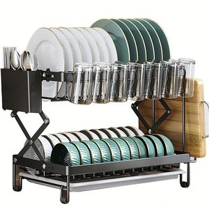 Égouttoir à vaisselle pliable à 2 niveaux avec plateau de drainage, organisateur de cuisine rétractable et support de rangement - Product Image 1