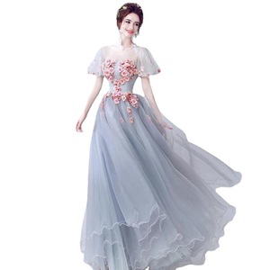 Blue Grey Tulle Ball Gown Sweetheart Neckline Floral Print Evening Dress Empire Waist Petite Slimming Party Dress - Product Image 5