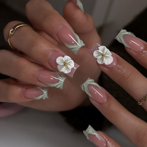 24 <span class=keywords><strong>Uñas</strong></span> Postizas Francesas de Longitud Media con Diseño <span class=keywords><strong>3D</strong></span> de Ondas de Agua y <span class=keywords><strong>Flores</strong></span>, <span class=keywords><strong>Uñas</strong></span> Artificiales con Punta Francesa - Product Image 4