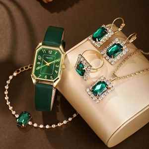 2024 New Casual and Fashionable Leather <strong>Women's</strong> Business square Quartz <strong>Watch</strong> Korean Version Rhinestone Jewelry <strong>Set</strong> - Product Image 2