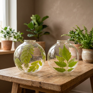 Pot à bougie en verre transparent rond avec feuille préservée, lanterne décorative, présentoir floral DIY pour la maison, mariage, cadeau - Product Image 3