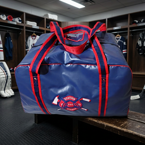 <b>Navy</b> Blue PVC Duffel <b>Bag</b> with Red Trim, Zipper Closure, and Custom Logo - Product Image 2