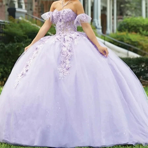 Robe de bal violette pour Quinceañera et <span class=keywords><strong>Sweet</strong></span> 16, épaules dénudées, longueur ras du sol, traîne chapelle, motif floral, pour filles de <span class=keywords><strong>15</strong></span> ans - Product Image 4
