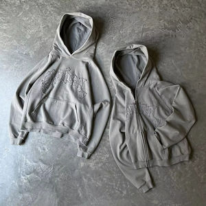 Personalizado 450g ácido lavado Vintage bordado pulóver holgado sudaderas Unisex peso pesado de gran tamaño Boxy recortado Fit Zip up Hoodie - Product Image 1