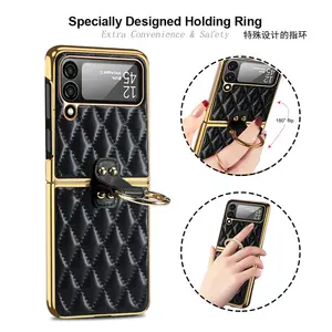 Finger Ring Holder Electroplate Rhombus Leather Cover Screen Protector Phone Case For Samsung Galaxy Z Flip 5/4/3