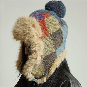 Hombres Mujeres Plaid Knitted Pilot Hat Winter Faux Fur Hunter's Cap Outdoor Warm Thick Earprotector Headgear Venta al por mayor - Product Image 1