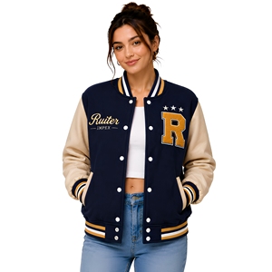 <b>Women's</b> Navy <b>Beige</b> Letter R Embroidered Varsity <b>Jacket</b> Preppy Style Turn-down Collar Front Logo Regular Fit - Product Image 1