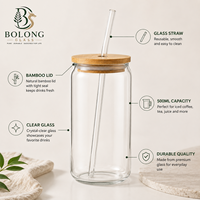 Pot en verre transparent personnalisé avec logo, en forme de canette de 500 ml, couvercle en bambou, paille, esthétique, compatible micro-ondes, pour emballage de café glacé et de boissons