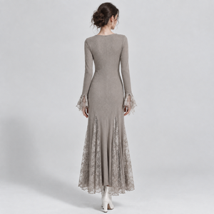 Vestido Maxi Elegante para Mujer, Color Sólido, Cuello Mandarín Elástico, Manga Larga, Dobladillo Recto, Cintura Alta, Capa Transparente de Encaje, Casual - Product Image 4