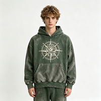 Rose Compass Heavyweight Acid Wash Hoodie Geometric Floral Print Pullover Sweatshirt Green Sun Faded Distressed Streetwear