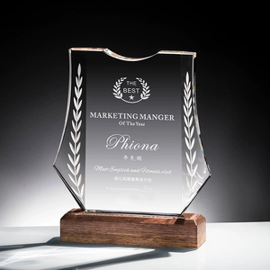 Crystal Manufacturer Company Shield Design Trophies Awards Wooden Base Crystal Glass Trophy Wood Award Plaques <strong>Custom</strong> - Product Image 3