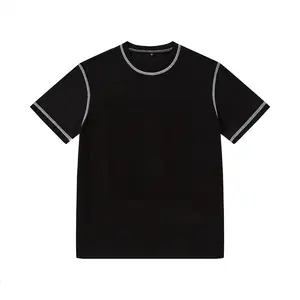 T-shirt court oversize pour hommes, couleur noire unie, ligne blanche à l'extérieur, t-shirt blanc à point unique, vente en gros