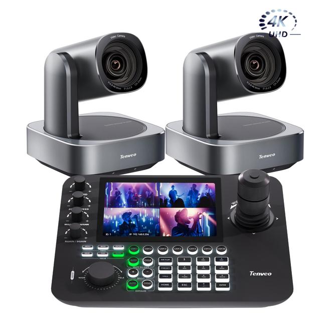 Tenveo 4k Ptz Camera Controller and 4-split Screen IP Joystick Controller 12x Zoom USB HDMI LiveStreaming Auto Tracking Camera