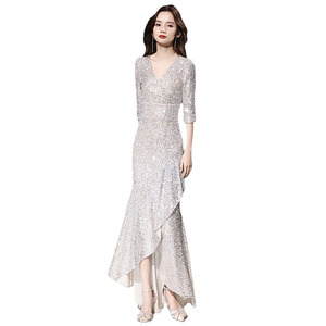 Mermaid Evening Gown Silver <b>Sequins</b> V-Neck Asymmetric Elegant Dress For Coming Of Age Ceremony - Product Image 5