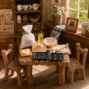 Miniature personnalisée à l'échelle 1:12 : Table et chaises rustiques en rondins, modèle de nourriture de boulangerie, moules à pâtisserie, accessoires pour maison de poupée et jeux d'imitation - Product Image 1