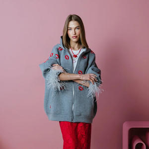 Wholesale 2026 Fashionable Women's 100% Cotton Embroidery Zipper Closure <b>Hoodie</b> With <b>Fur</b> Sleeve Hem - Product Image 1