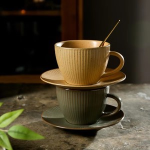 Ceramic Ribbed Coffee Cup and Saucer Set Retro <b>Vintage</b> Striped Tea <b>Mug</b> with Handle - Product Image 6