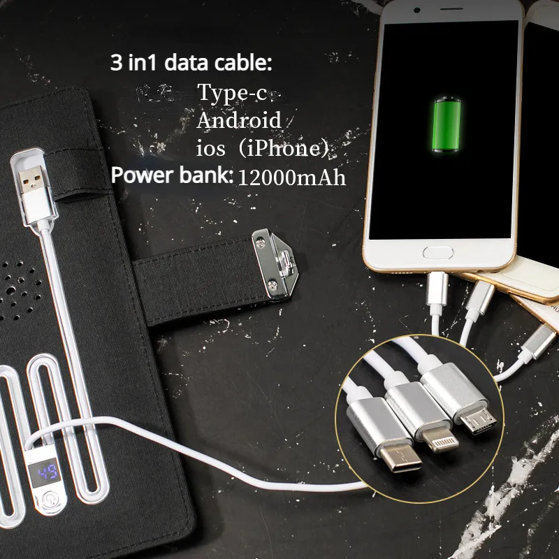 Custom A5 Fingerprint Lock Smart Notebook Wireless Charging 12000mAh Power Bank 3 in 1 Data Cable