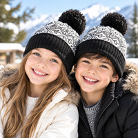 Bonnet tricoté pour enfants, style nordique vintage, jacquard géométrique, avec pompon, à côtes contrastées, chaud, pour le ski, le patinage sur glace, les sorties hivernales en plein air