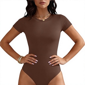 Women Solid Color Short Sleeve Crew Neck Bodycon Bodysuit Stretch Knitted Activewear Spandex Nylon One Piece Fit Regular Length - Product Image 1