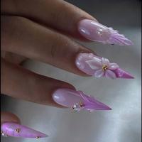 Faux ongles en acrylique faits à la main à coller, forme Stiletto, orange estival, fleurs 3D, ongles artificiels, ensembles de faux ongles réutilisables pour la plage