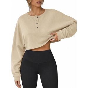 Sudadera Corta Personalizada para Mujer, Estilo Holgado, Cuello Henley, Manga Larga, Informal, para Hacer Ejercicio, Moda Otoñal - Product Image 1