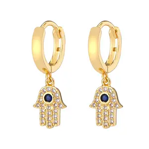 ODM Aretes Fashion Jewelry Turkey Hamsa Hand Eyes Pendant Crystal Blue Zircon Eye Earrings Hoop