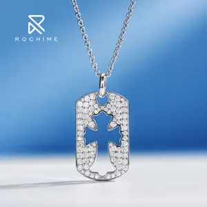Rochime stylish hollow cross chain necklace pendant solid 925 silver rhodium plated zircon jewelry