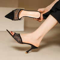 Grandes Tailles Nouvelles Sandales Sexy et Tendance à Bout Pointu Ornées de Strass, Sandales à Talons Hauts Pour Femme, Bout Ouvert, Épaisses à Talons Fins