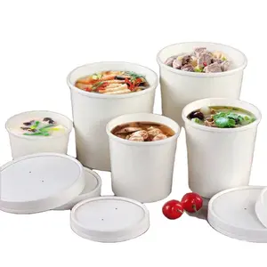 Одноразовая пищевая упаковка для микроволновой печи, контейнер для горячего супа, круглые белые миски из крафт-бумаги с крышками
