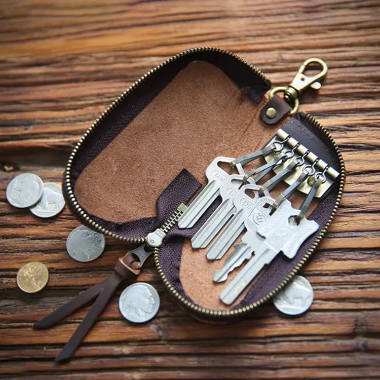 עור אמיתי בציר מכונית מפתח מחזיק תיק Keychain מקרה ארנק בעבודת יד קטן רוכסן פאוץ תיק עבור מפתחות מטבעות