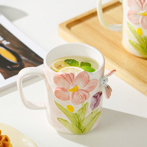 Hot Selling Embossed Flower and Butterfly Ceramic Mug Hand Painted Aesthetic Coffee Mug - Product Image 2