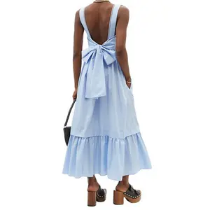 Factory Wholesale Dress Strap Summer Elegant Cotton Casual Ladies Dress Back Hollow Tie Bow With Pockets