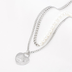Collar de Doble Capa con Colgante de Corazón de Gato de Dibujos Animados y Perla, de Acero Inoxidable, Estilo Punk Japonés Coreano, Unisex - Product Image 1