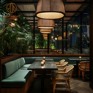 ชุดเฟอร์นิเจอร์ร้านอาหาร โต๊ะร้านกาแฟไม้หน้าโต๊ะมีลวดลาย เก้าอี้ไม้พนักพิงหวาย และโซฟาผ้าสีเขียวสำหรับร้านกาแฟ - Product Image 6