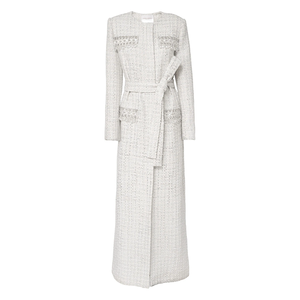 <span class=keywords><strong>Manteau</strong></span> en tweed <span class=keywords><strong>blanc</strong></span> argenté pour femme <span class=keywords><strong>avec</strong></span> strass poitrine décorative <span class=keywords><strong>ceinture</strong></span> naturelle manches longues col rond vêtements d'extérieur d'hiver longs - Product Image 4