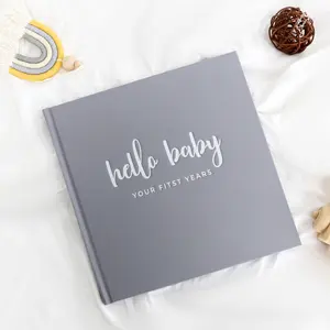 Ready To Ship Low MOQ Hello Baby Grey Linen Cover Childhood Square Photo Baby Milestone Book For Boys and Girls